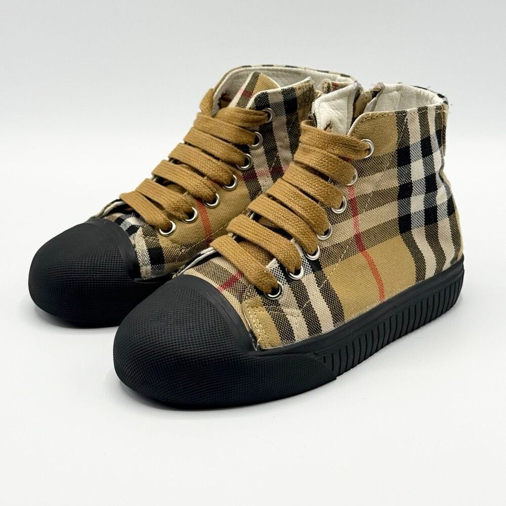 Unbranded Tan, Black, and Red Plaid Canvas Side Zip Lace Up Sneakers - Toddler U